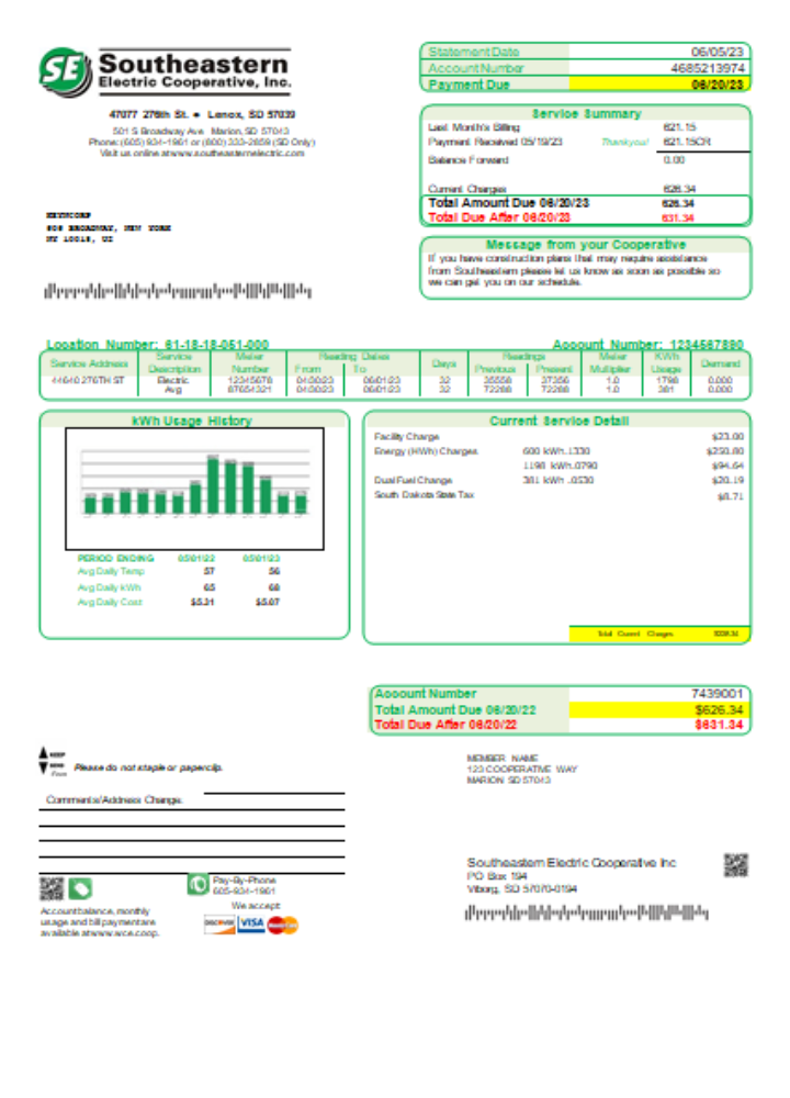 Southeastern Electric Cooperative, Inc. utility business bill, SCR PSD template